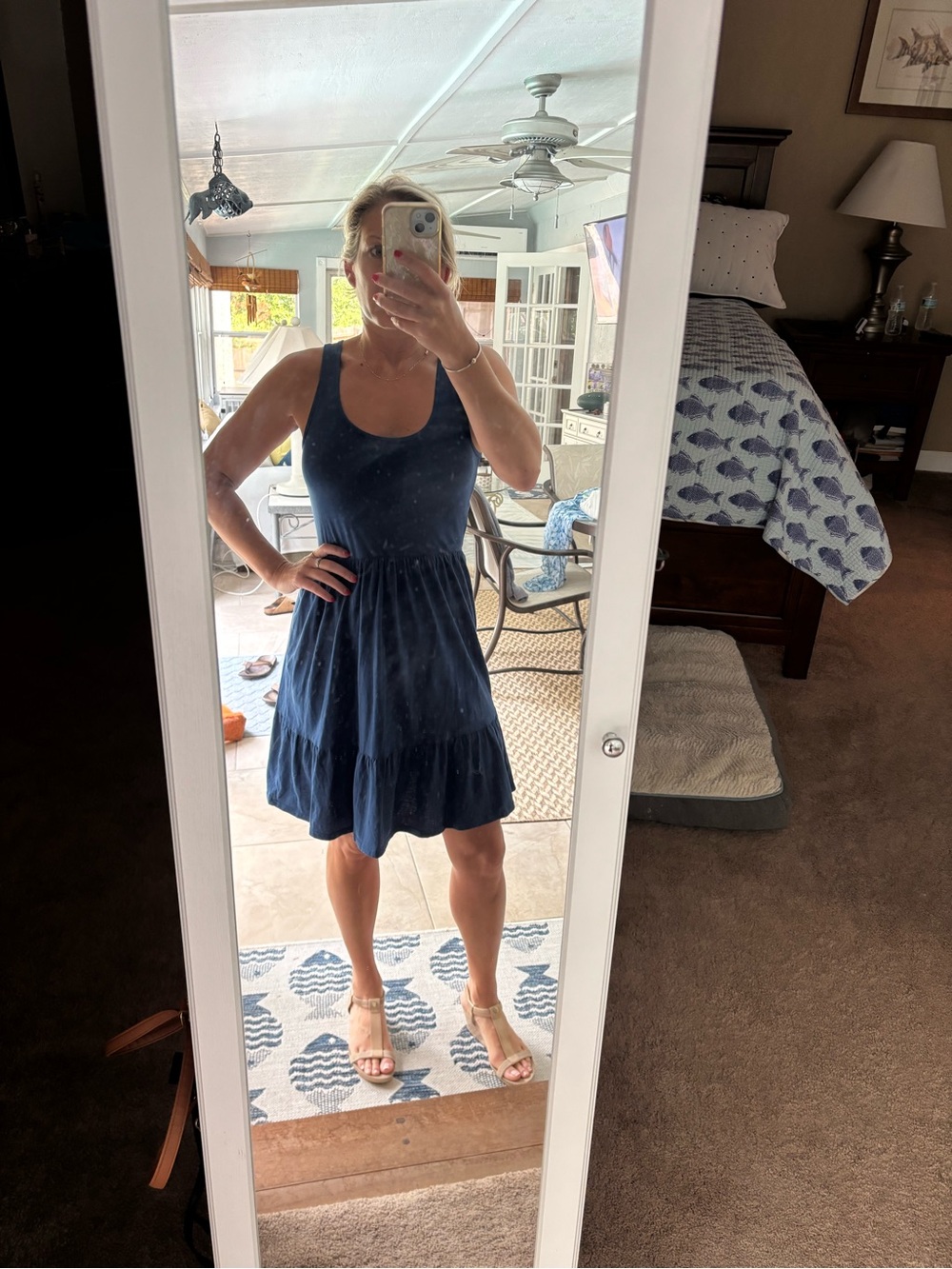 bobi Navy Scoop Neck Tiered Mini Dress